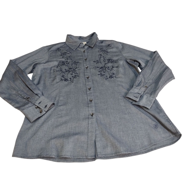 Ariat Shirt Women's Gray Embroidered Floral Button Down Shirt Size XL/TG - Picture 10 of 13